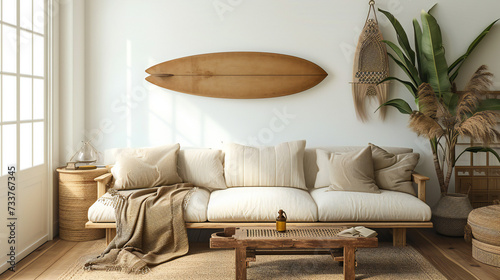 living room with surfboard on a wall, houseplants and sofas photo