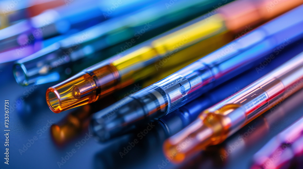 Synthetic nicotine concept. Various disposable electronic cigarettes. modern alternative smoking, vaping and nicotine Synthetic nicotine concept. Various disposable electronic cigarettes. modern alternative smoking, vaping and nicotine