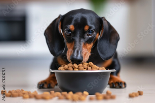 Black and Brown Dog Eating Food Out of a Bowl