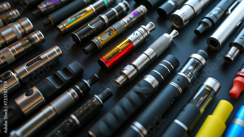 Synthetic nicotine concept. Various disposable electronic cigarettes. modern alternative smoking, vaping and nicotine
