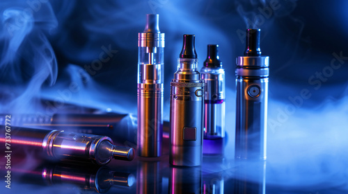 Synthetic nicotine concept. Various disposable electronic cigarettes. modern alternative smoking, vaping and nicotine