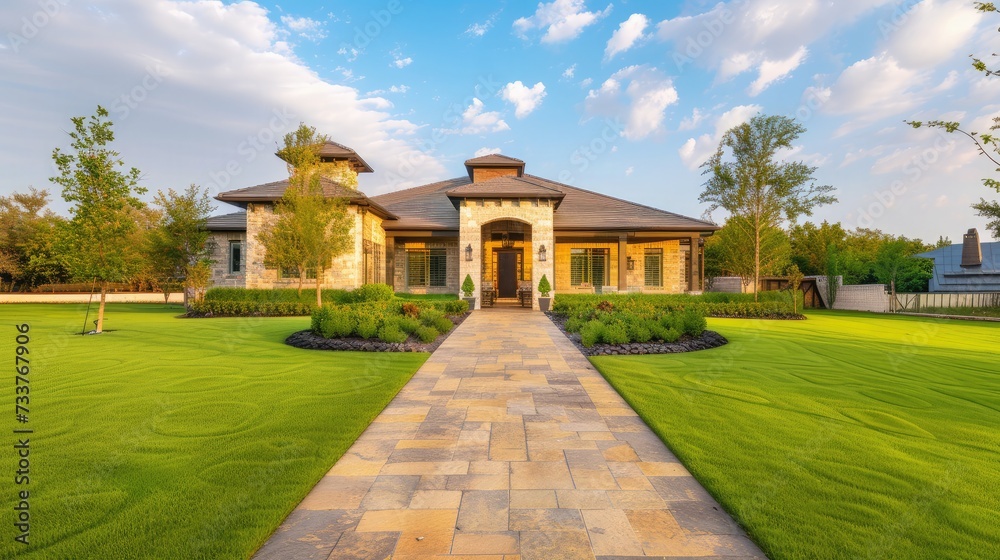 Beautiful exterior of newly built luxury home. Yard with green grass and walkway lead to ornately designed covered porch and front entrance.