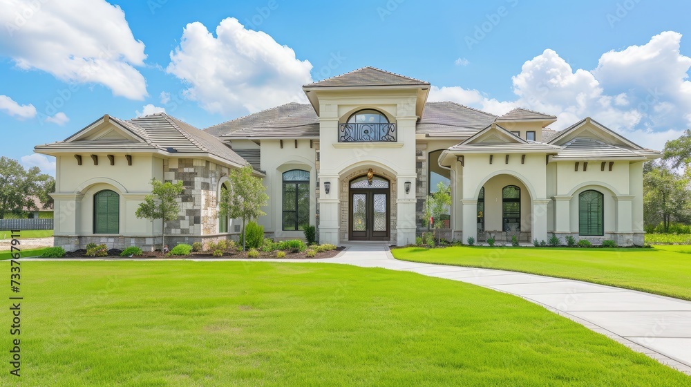 Beautiful exterior of newly built luxury home. Yard with green grass and walkway lead to ornately designed covered porch and front entrance.