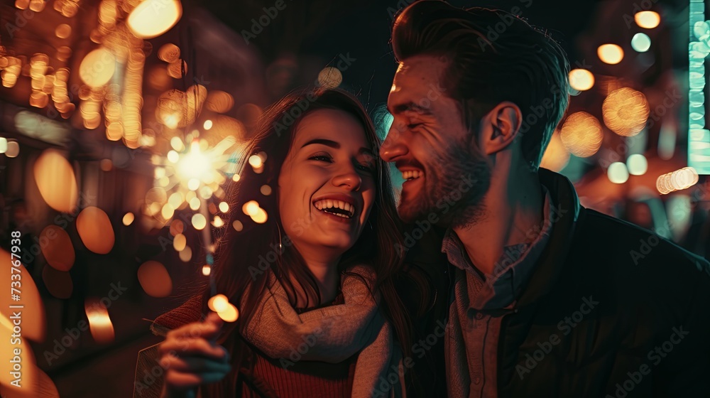 A man and woman share a joyful moment with sparklers illuminating their smiles at a festive night celebration.