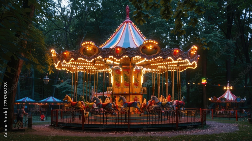 Children's Carousel at an amusement park in the evening and night illumination. amusement park at night. amusement park, picture for the background. Children's Carousel at an amusement park in the evening and night illumination. amusement park at night. amusement park, picture for the background.