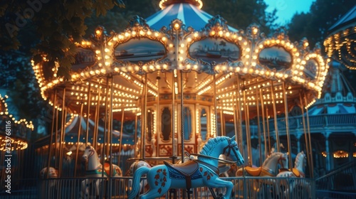 Children s Carousel at an amusement park in the evening and night illumination. amusement park at night. amusement park  picture for the background.