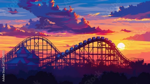 colorful silhouette of a roller coaster at sunset, after a sunny day at entertainment park © buraratn