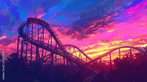 colorful silhouette of a roller coaster at sunset, after a sunny day at entertainment park © buraratn