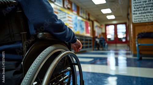 Rear view of a young student in a wheelchair navigating the hallway of a school, representing accessibility in education.