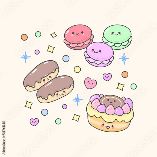 dessert cake pastry macaroon eclair birthday cake with cute facial expressions and pastel colour