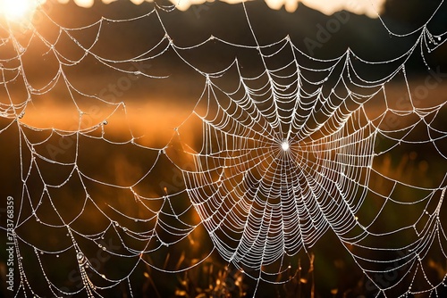 Spider web with dew drops at sunrise