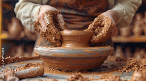 Close-up of a child's hands covered in clay, creatively shaping a piece on a spinning pottery wheel in a workshop.