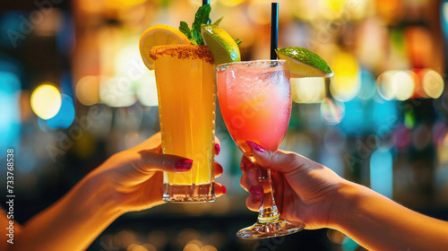 Close up of female hands holding glasses with cocktails on bar counter background photo