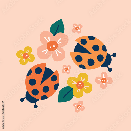Vector illustration with ladybug and flowers in a modern style. Perfect for d...