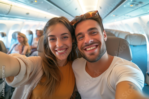 a couple in love take a selfie in the cabin of an airplane