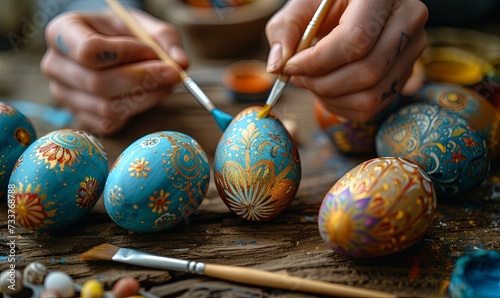 Decorative Easter eggs with intricate patterns nestled in a wicker basket, surrounded by fresh daisy flowers.