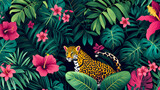 Tropical exotic pattern with leopard animal and flowers in bright colors and lush vegetation