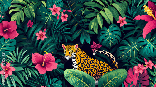 Tropical exotic pattern with leopard animal and flowers in bright colors and lush vegetation