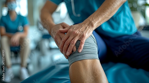 A focused physical therapist is hands-on evaluating a patient's knee joint for mobility and pain in a clinical setting, highlighting rehabilitation services.