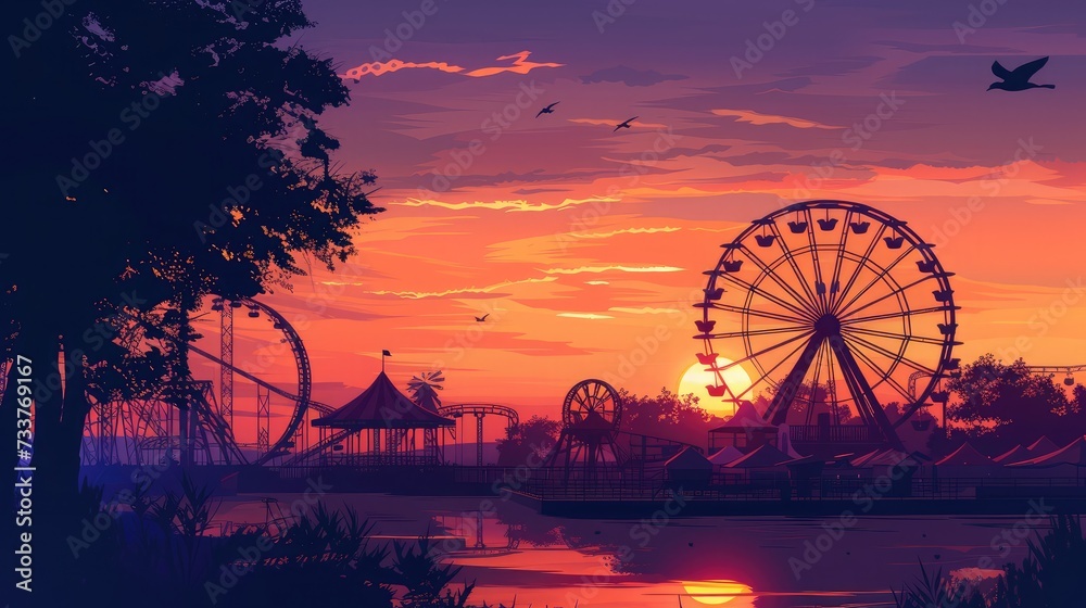 Silhouettes of carnival rides under sunset