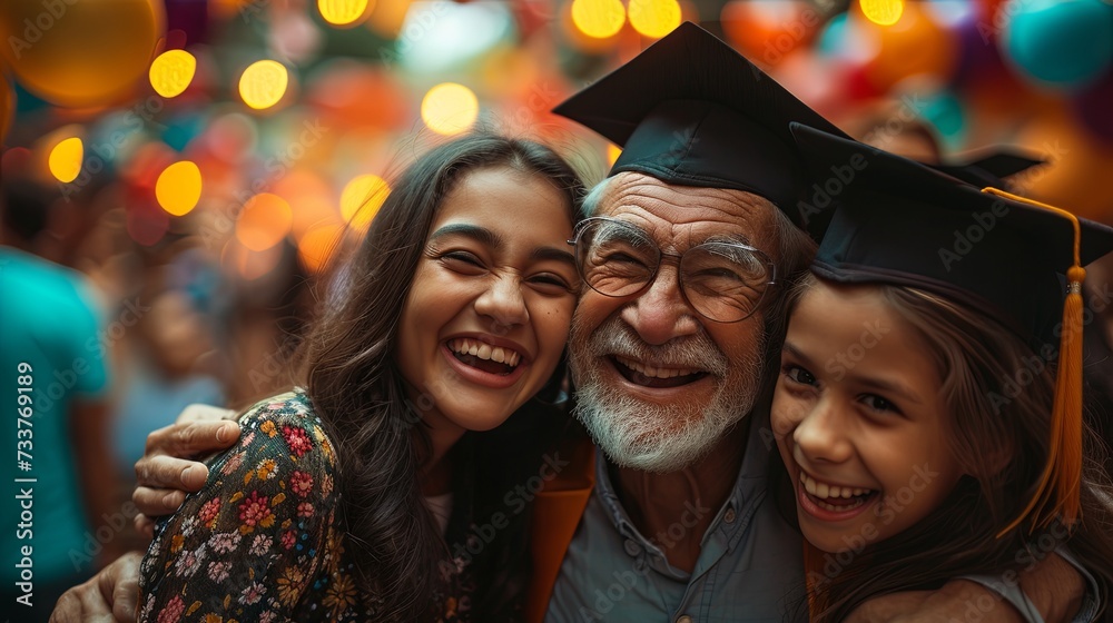 A graduate's family, diverse generations, close together, laughing and celebrating. Background: graduation decorations, blurred. Created Using: family photography, A graduate's family, diverse generations, close together, laughing and celebrating. Background: graduation decorations, blurred. Created Using: family photography,