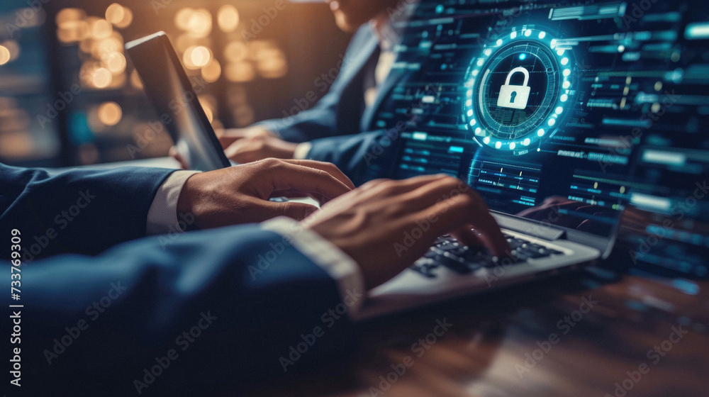 Cyber security, Data protection and information safety concept. Businessman using laptop computer with padlock icon on screen . - obrazy, fototapety, plakaty 