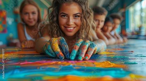 Children enjoying a fun and creative finger painting activity in an art class setting with a focus on colorful hands. photo