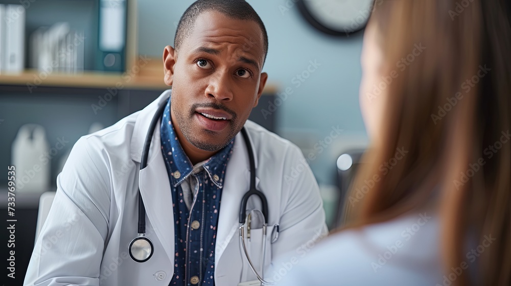 Obraz premium Portrait of a cheerful male doctor with a stethoscope in a well-lit, modern medical office setting.