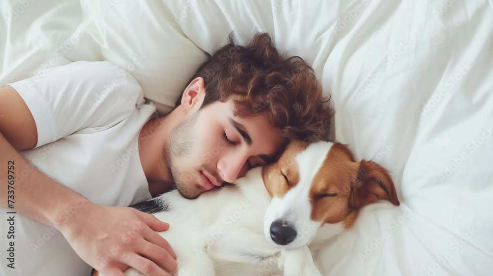 Young man and his dog sleeping together in white bed at home Young man and his dog sleeping together in white bed at home
