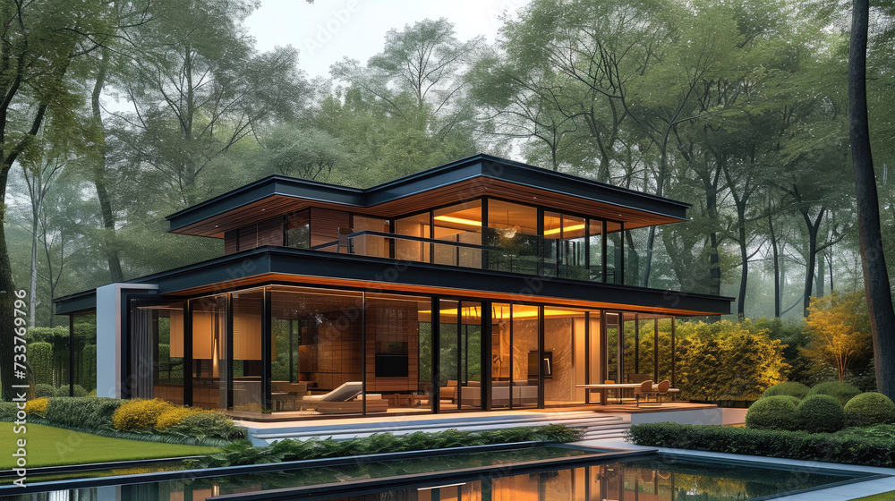 A wood-roofed house with large glass. Generative AI.