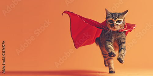Brave cat wearing superhero cape and mask on solid background.
