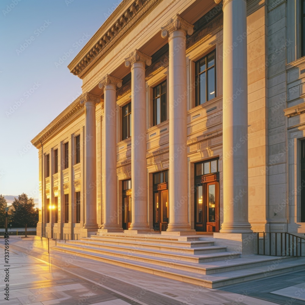 The warm sunset light bathes the facade of a neoclassical government building with tall columns and steps.
