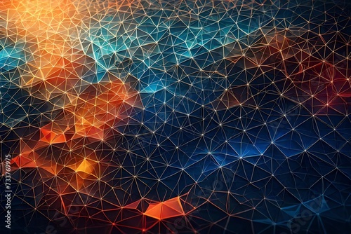 Blue orange Gradient Digital Polygons: A Network Grid Fusion background wallpaper in 8K