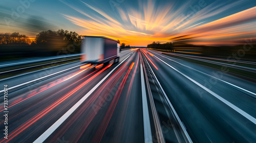 a sleek, modern truck speeding down the autobahn, captured with a motion blur effect to accentuate its high velocity