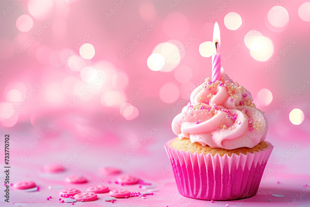 Pink Cupcake With Lit Candle Pink Cupcake With Lit Candle