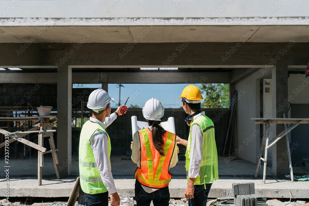 team engineer, foreman, architect meeting for colleagues discussing and checks construction blueprints at onsite team engineer, foreman, architect meeting for colleagues discussing and checks construction blueprints at onsite