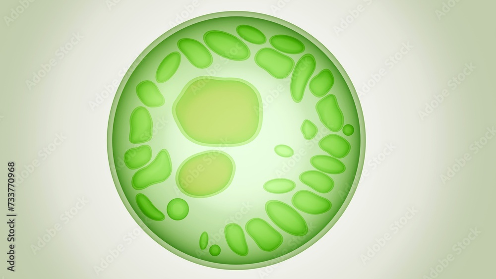 3d rendering of Algae cells, contain three types of organelles the