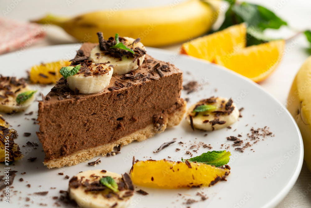 Delicious and fluffy chocolate mousse cake with banana and orange aroma. Delicious and fluffy chocolate mousse cake with banana and orange aroma.