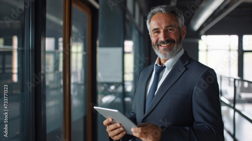 Portrait of smiling mature businessman using digital tablet in corridor at office