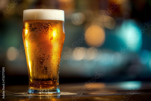 beer in a glass in a bar on a blurred background
