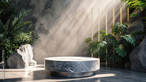 Minimal scene with marble podium and tropical plants.  Rendering