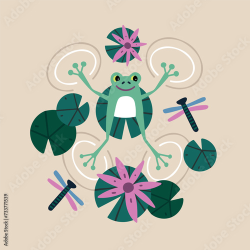 Vector illustration with a frog and water lilies