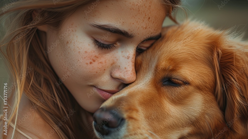 Close-up of a serene moment between a woman and her loyal brown dog, showcasing a bond of companionship. Close-up of a serene moment between a woman and her loyal brown dog, showcasing a bond of companionship.