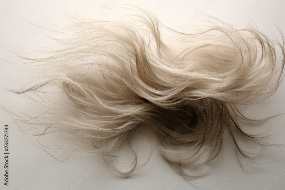 scattered hair strands against a clean, neutral background