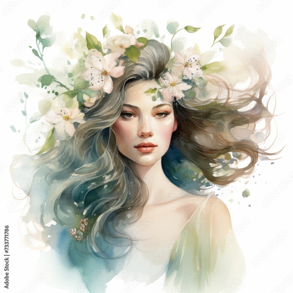 A watercolor illustration of a woman with flowing hair, her beauty accentuated by the delicate spring blossoms that adorn her.
