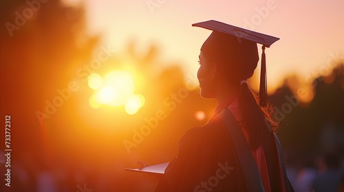 A close-up of a graduate, smiling with cap and gown, holding a diploma, in front of a blurred university building. Vivid colors, soft lighting highlight the sense of achievement.