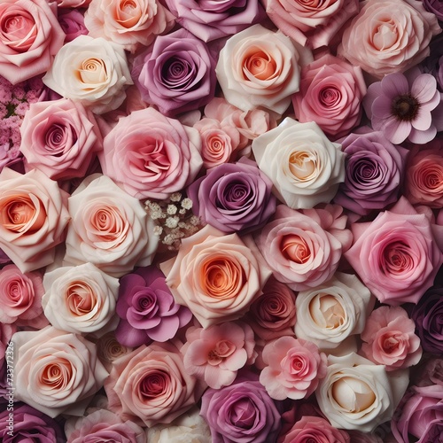 Background of beautiful pink and purple roses. Top view  flat lay. AI Generated