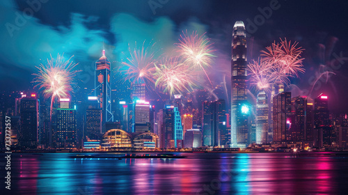 Beautiful Fireworks display at hongkong city,China . © Art AI Gallery