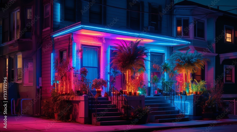 Fototapeta premium Cartoon vector illustration of house with artificial intelligence technology, modern design and Internet of Things services on glowing neon background.