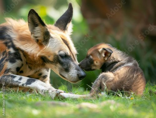 African wild dog pup and adult resting on grass in a forest.